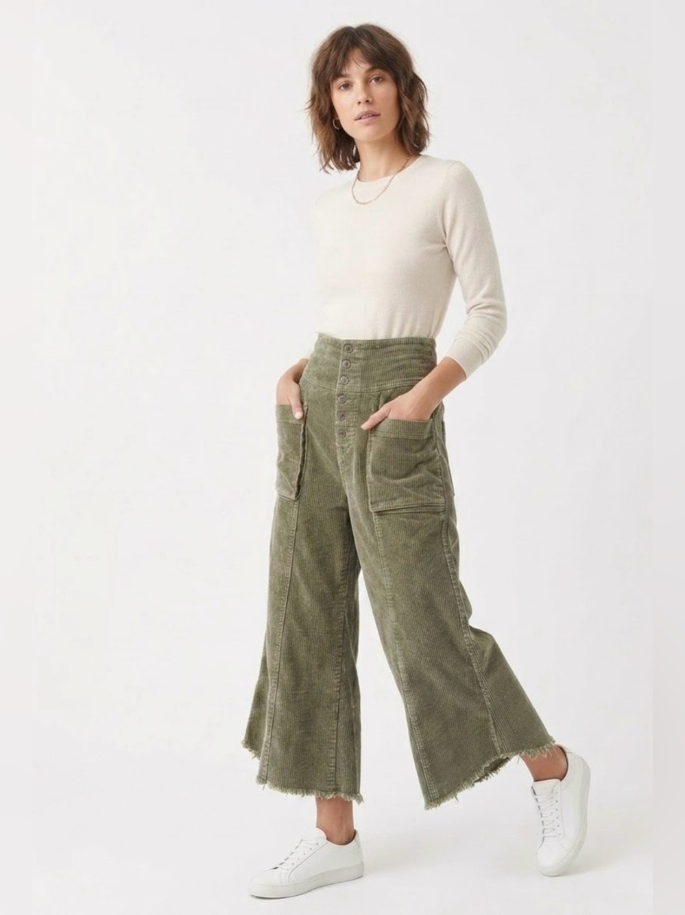 AnnieWear $68 NWT Olive Green Corduroy highrise WideLeg Raw Hem Pants XL